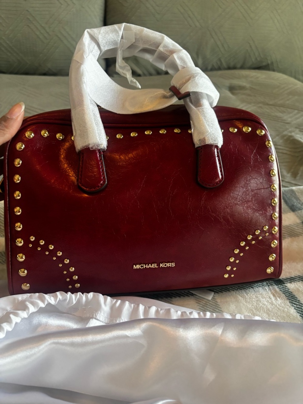 Michael Kors Red Leather Studded Satchel with Gold Hardware
